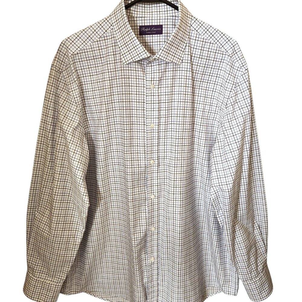 Ralph Lauren Purple Label Shirt 17.5 XL White Blue Black Tattersall Check Italy